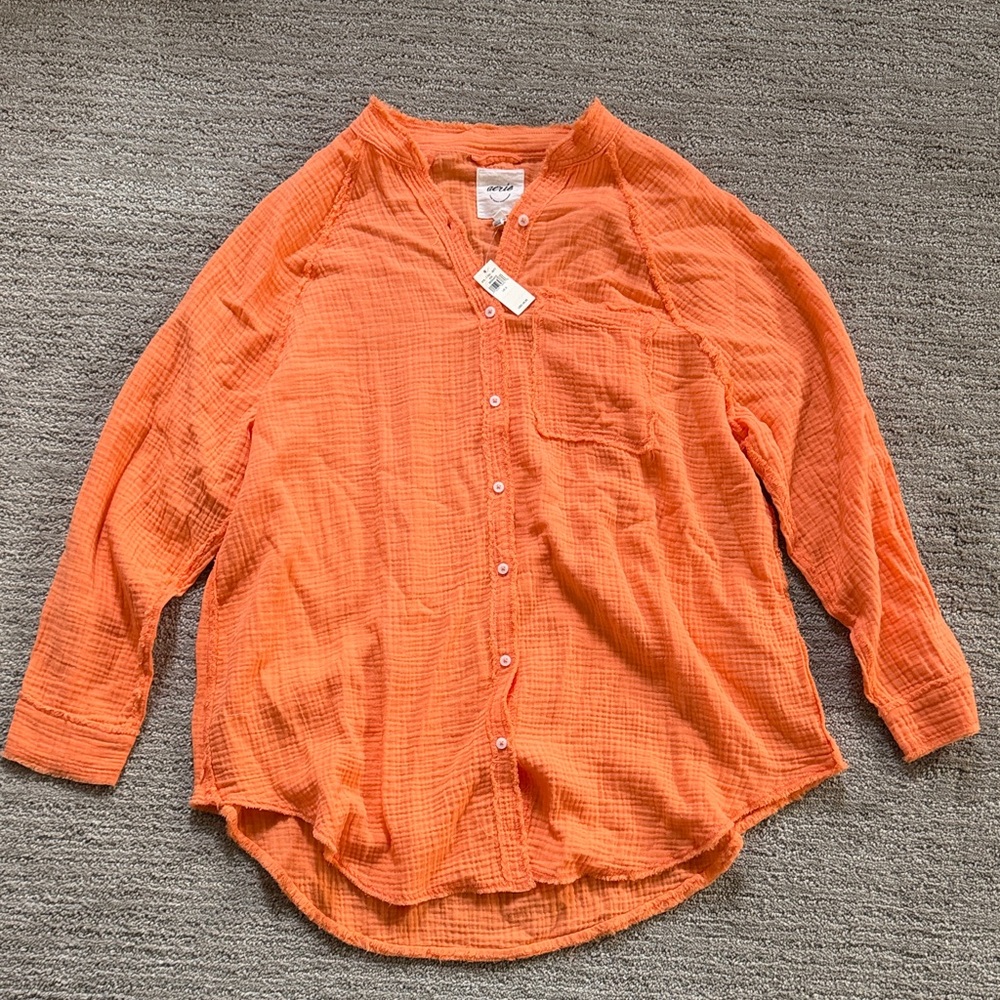 Aerie Vibrant Orange Casual Button-Down Shirt / Swim Suit Coverup